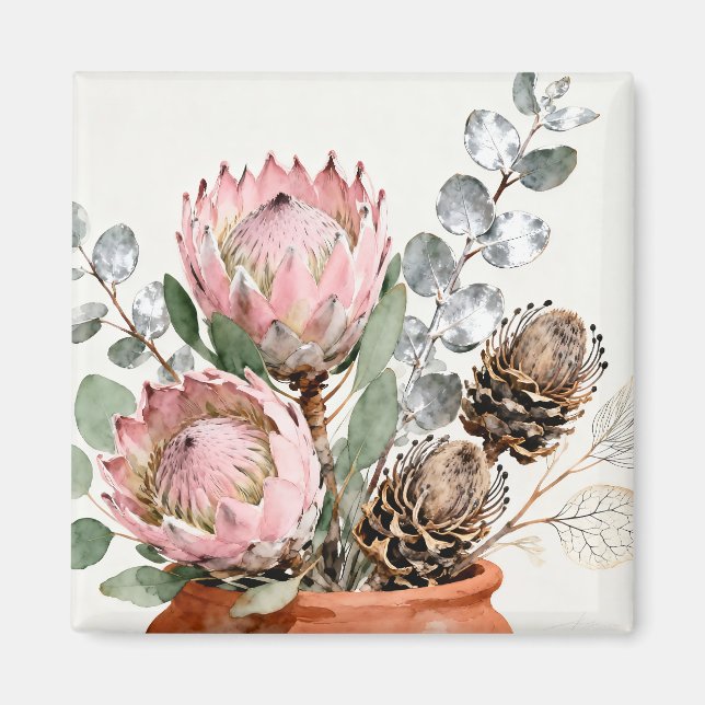 Íman Watercolor Protea Eucalyptus Arrangement (Frente)