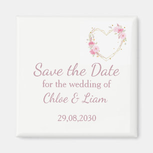 Íman Watercolor Rose Pink Floral Heart Save the Date 