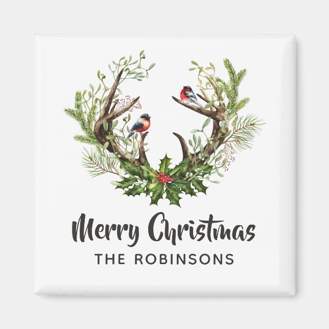 Íman Watercolor Rustic Reindeer Natal (Frente)