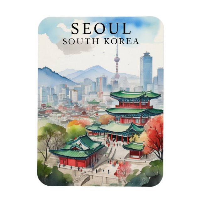 Íman Watercolor Seoul South Korea Viagem Art Magnet (Vertical)