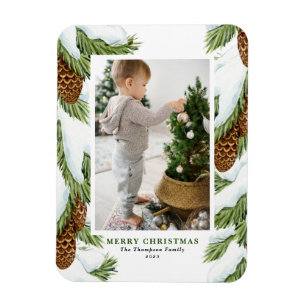 Íman Watercolor Snowy Pinecones Foto de Natal