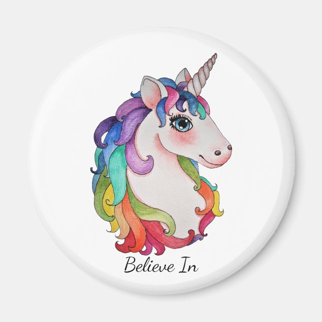 Íman Watercolor Unicorn Com Cabelo Arco-Íris (Frente)