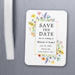 Íman Watercolor Wildflower Frame Dourado Salvar Data<br><div class="desc">Modern Watercolor A Imã salve a data de Anúncio do Noivado de Casamento de Flores Selvagens inclui as delicadas flores silvestres  amarelas,  cor-de-rosa,  cor de pêssego,  azul poeirento,  roxo,  vermelho e laranja,  papoilas,  folhas de eucalipto e outras lindas culturas botânicas numa armação de ouro.</div>