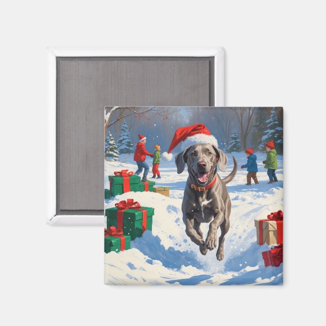 Íman Weimaraner Correndo na Neve com Chapéu de Natal (Front/Back)