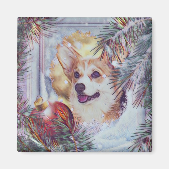 Íman Welsh Corgi na janela de inverno (Frente)