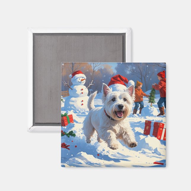 Íman Westie Correndo na Neve com Chapéu de Natal (Front/Back)