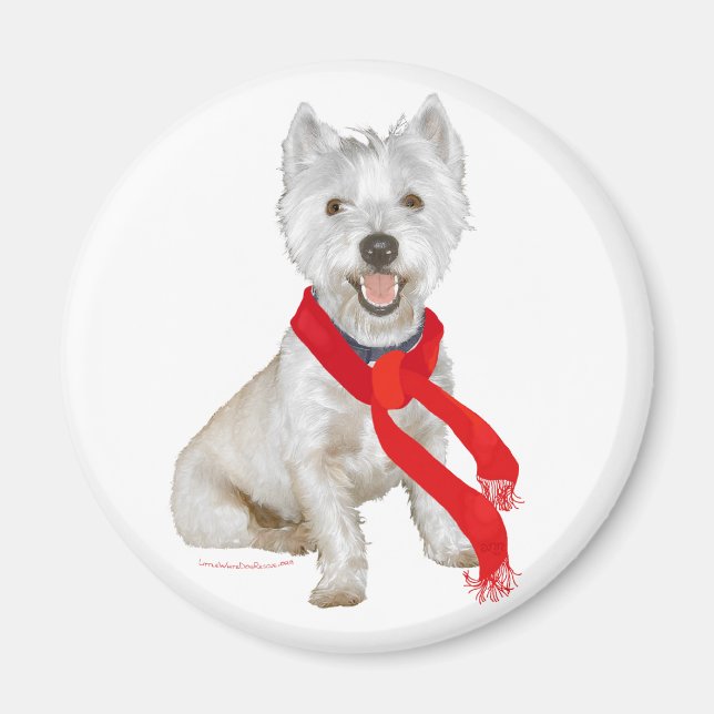Íman Westie de Inverno com um Cachecol Vermelho (Frente)