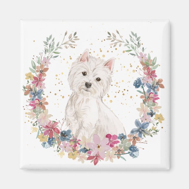 Íman Westie Terrier Spring Flowers Wreath (Frente)