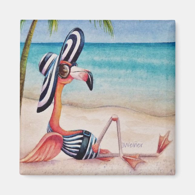Íman Whimsical Beach Babe Pink Flamingo No. 1 (Frente)