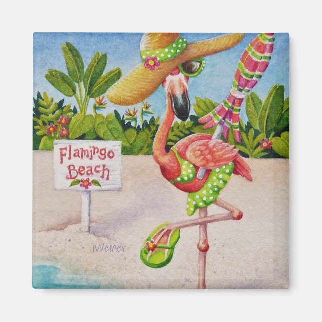 Íman Whimsical Beach Babe Pink Flamingo No. 2 (Frente)