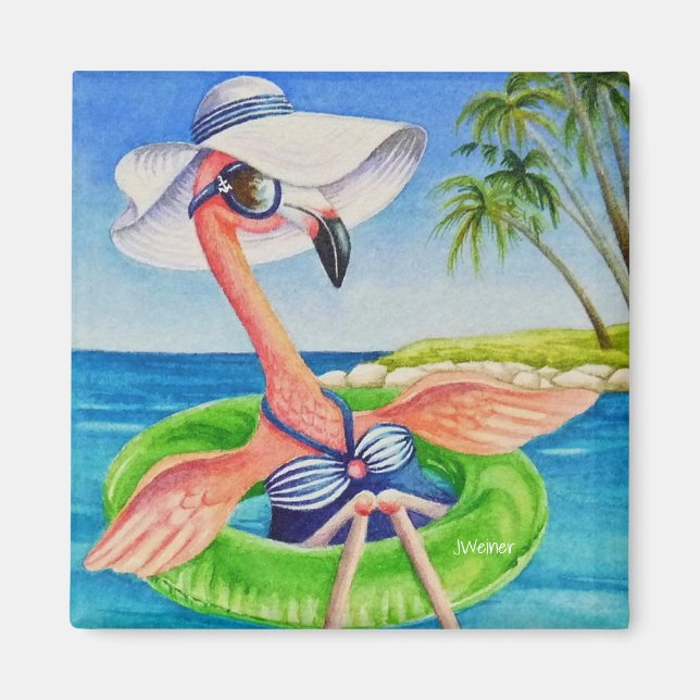 Íman Whimsical Beach Babe Pink Flamingo No 3 (Frente)