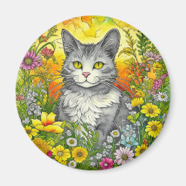 Íman Whimsical Cat and Flowers