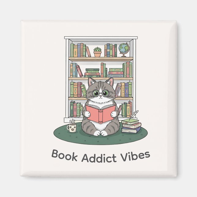 Íman Whimsical Cat Glasses Reading Bookshelf Cute Decor (Frente)