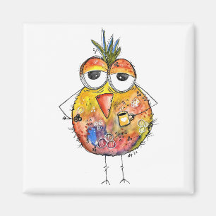 Íman Whimsical Colorful Bird Drinking Coffee