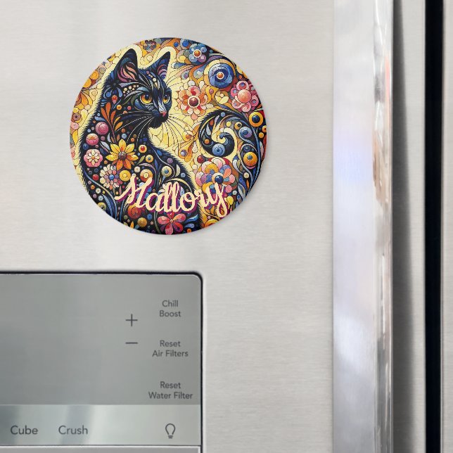 Íman Whimsical Floral Black Cat Kitty Personalized (In Situ (Fridge))