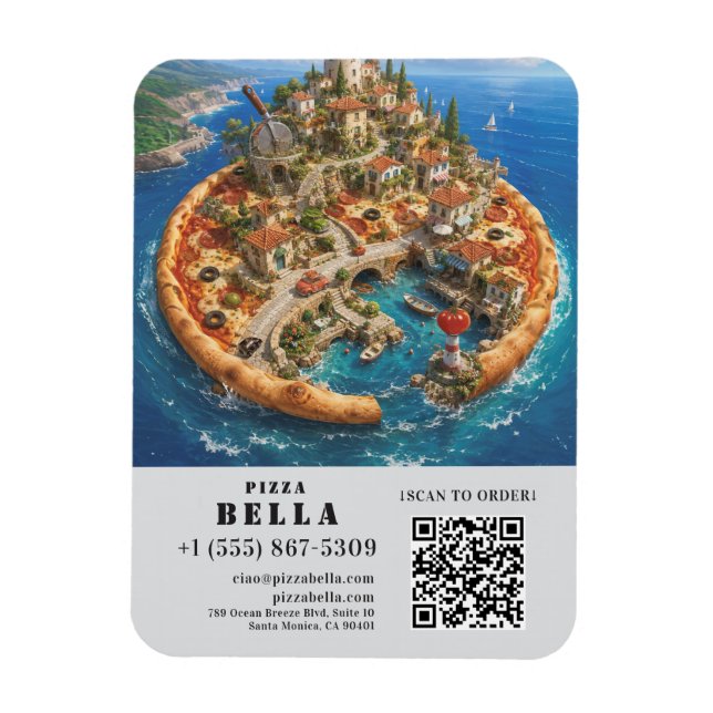 Íman Whimsical Pizza Art Restaurant Flyer with QR Code (Vertical)