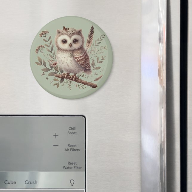 Íman Whimsical Woodland Owl Botanical Illustration (In Situ (Fridge))