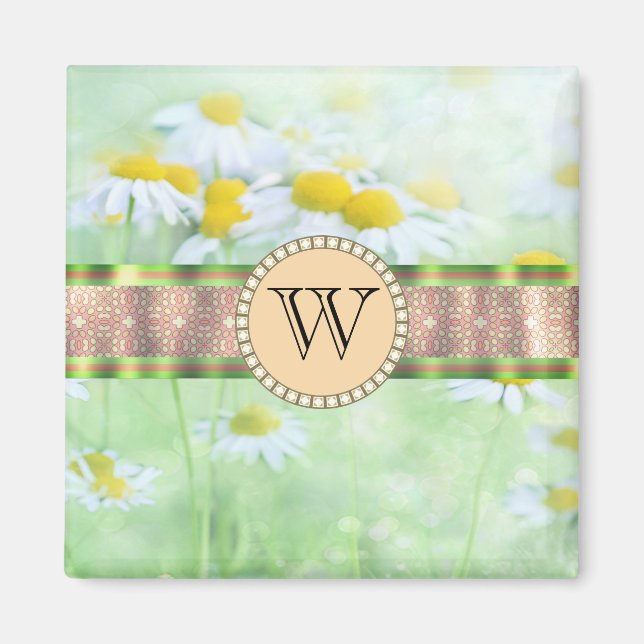 Íman White Daisy está em Green Meadow Monograma (Frente)