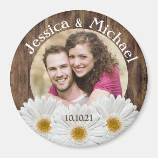 Íman White Daisy Rustic Wood Foto Casamento Salva Data