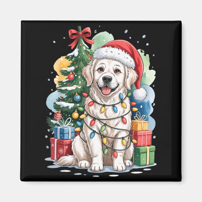 Íman White English Golden Retriever Santa Hat Christmas (Frente)
