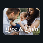 Íman White Love and Light Typografia Foto Hanukkah<br><div class="desc">Amor e luz | Celebre o alegre Festival das Luzes com nossa foto personalizável do ímã Chanucá! Este ímã festivo permite-lhe mostrar as suas memórias favoritas enquanto adiciona um toque pessoal ao seu decoro de férias. Apresenta tipografia retrógrada. Personalize este cartão de foto Hanukkah adicionando seus detalhes. Um presente ideal...</div>