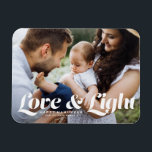 Íman White Love and Light Typografia Foto Hanukkah<br><div class="desc">Amor e luz | Celebre o alegre Festival das Luzes com nossa foto personalizável do ímã Chanucá! Este ímã festivo permite-lhe mostrar as suas memórias favoritas enquanto adiciona um toque pessoal ao seu decoro de férias. Apresenta tipografia retrógrada. Personalize este cartão de foto Hanukkah adicionando seus detalhes. Um presente ideal...</div>