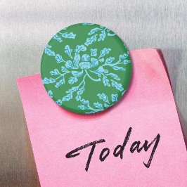 Íman Winding Peony Woodcut in Green and Aqua Magnet