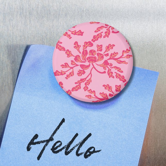 Íman Winding Peony Woodcut in Pink and Orange Magnet (Criador carregado)