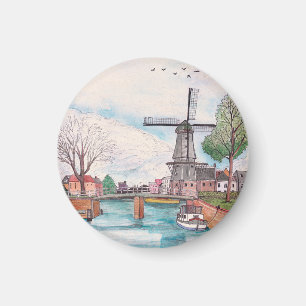 Íman Windmill De Adriaan Haarlem Países Baixos Watercol