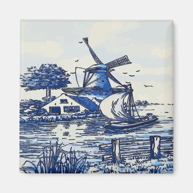 Íman Windmill, Estilo de Vintage Azul Holandês (Frente)