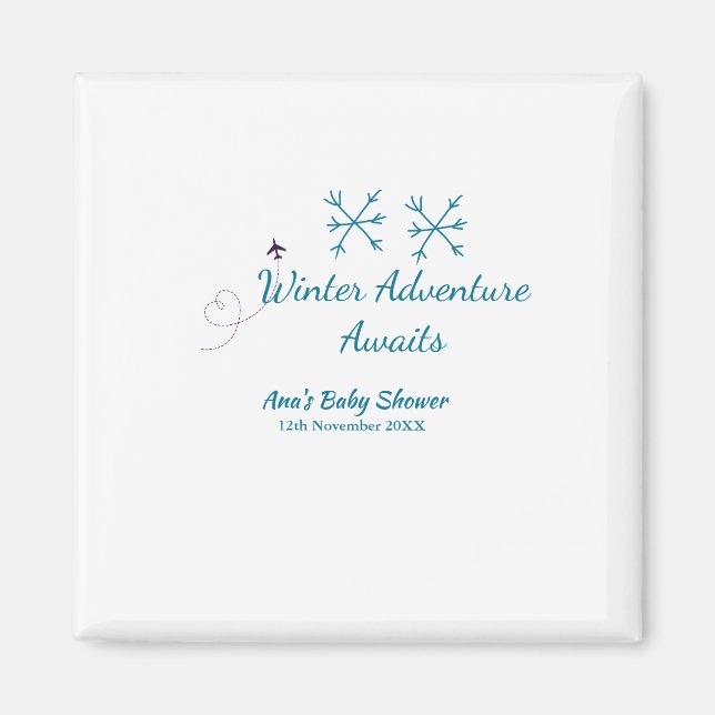 Íman Winter Adventure awaits baby shower blue snowflake (Frente)