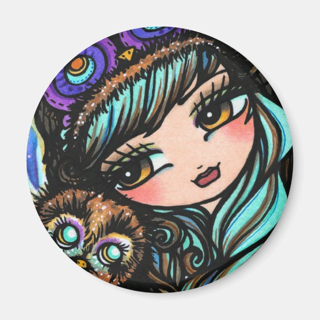 Íman Winter Owl Snow Forest Hat Girl Fantasy Art (Frente)