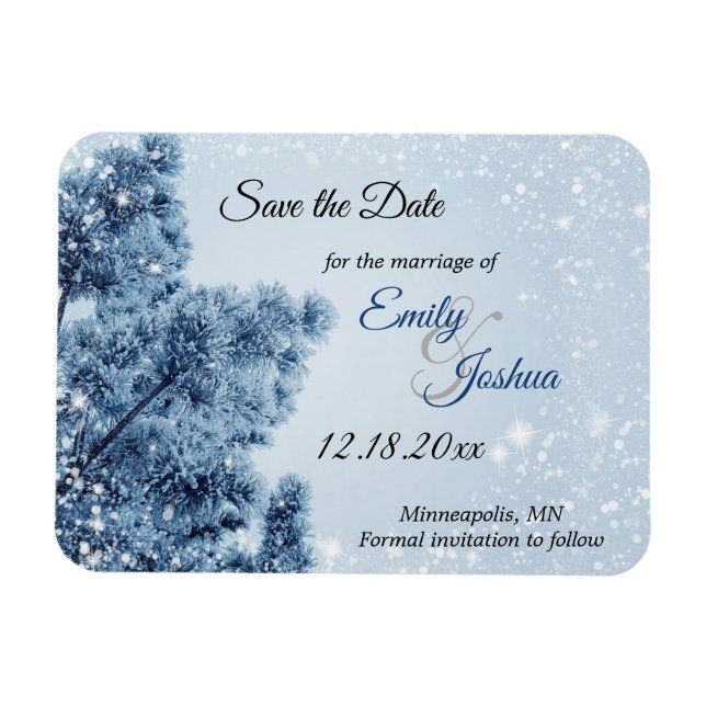 Íman Winter Wonderland Snow and Pine Save Date (A neve  (Horizontal)