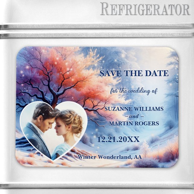 Íman Winter Wonderland Wedding Photo Save the Date (Save the Date magnet featuring a painting of a tree with tiny snow flakes and custom heart photo)