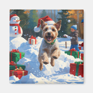 Íman Wire Fox Terrier Correndo na Neve com Chapéu de Na