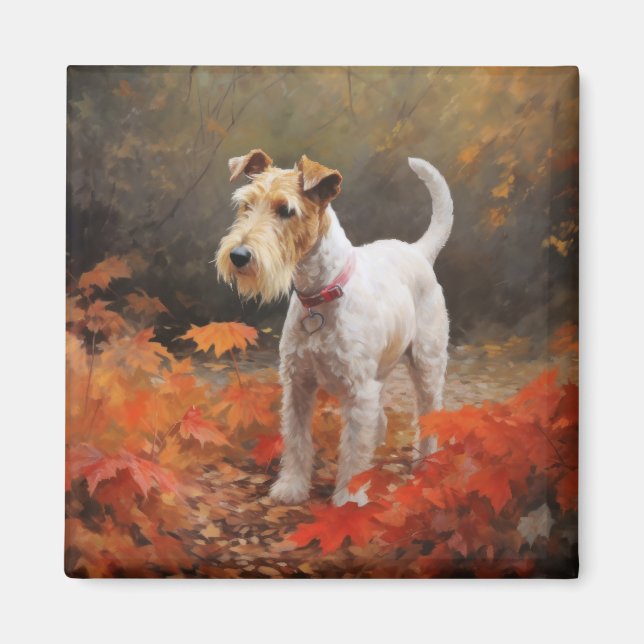 Íman Wirefox Terrier no Outono Folhas Caem Inspiram (Frente)