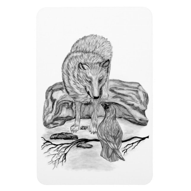 Íman Wolf e Raven design preto e branco (Vertical)