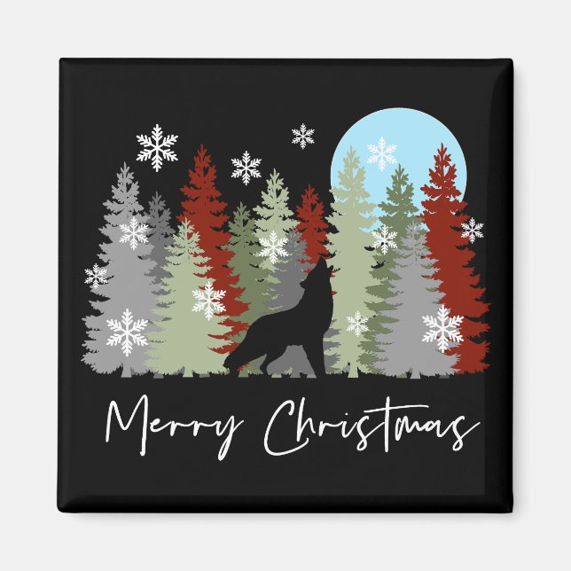 Íman Wolf Howling Na Floresta Feliz Árvores De Natal (Frente)
