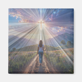 Íman Woman Walking Toward Glowing Cross – Faith Journey