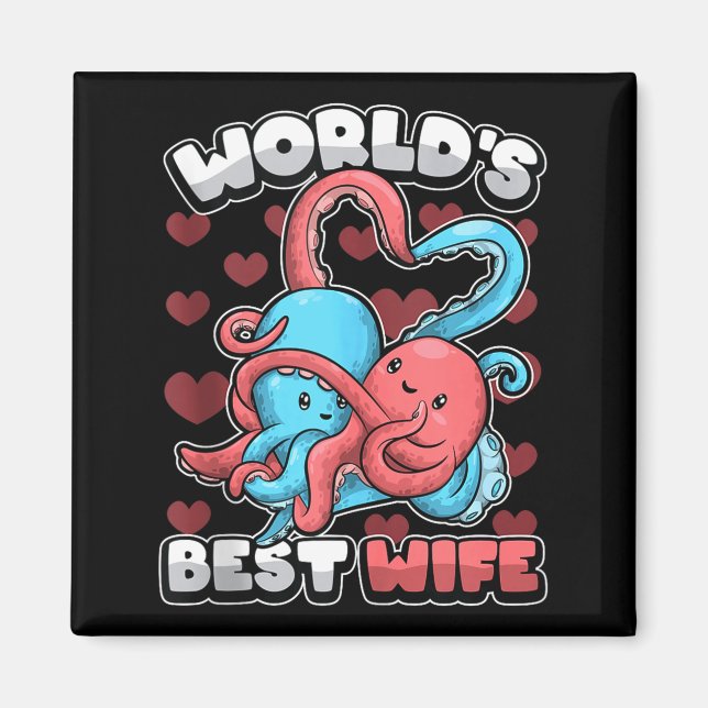 Íman World's Wife Cute Kawaii Octopus Heart Cute Couple (Frente)