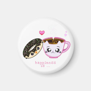 Íman xícara de café e rosquinha rosa kawaii   felicidad