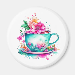 Íman Xícara de café vintage bonita com flores rosa