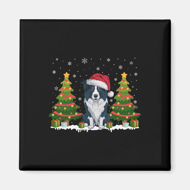 Íman Xmas Lights Border Collie Dog Santa Hat Natal (Frente)