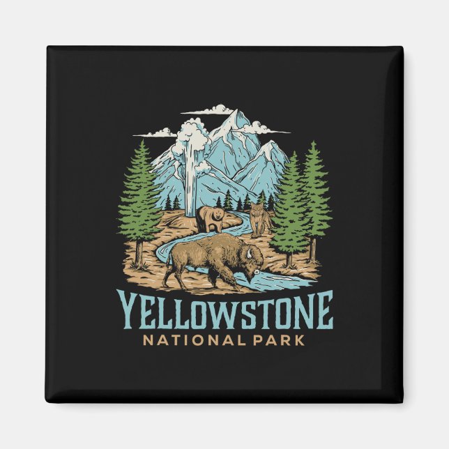 Íman Yellowstone USA National Park Wolf Bison Bear Vint (Frente)