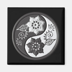 Íman Yin Yang Floral Preto e Prata
