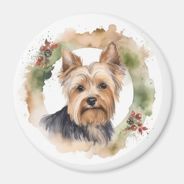Íman Yorkshire Terrier Christmas Wreath Festivo Pup (Frente)