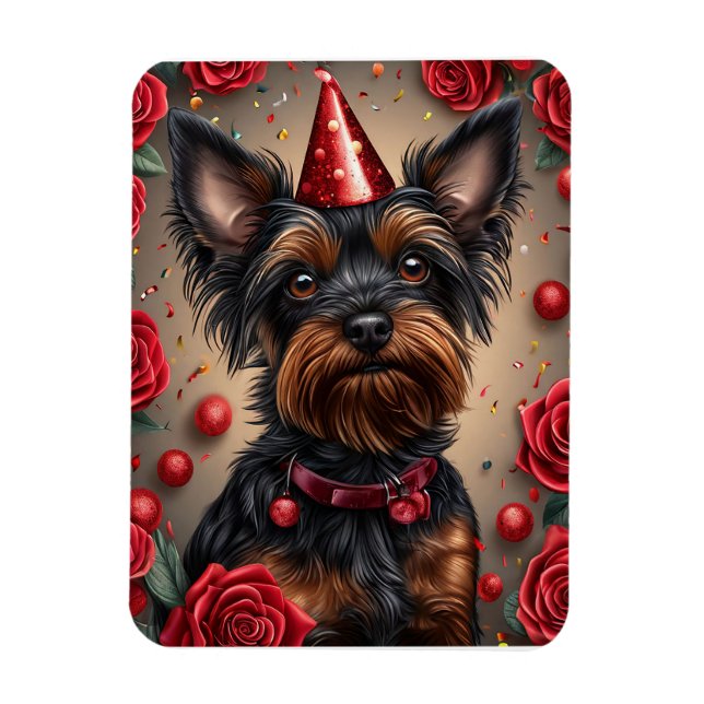 Íman Yorkshire Terrier de Aniversário Usando Chapéu de  (Vertical)