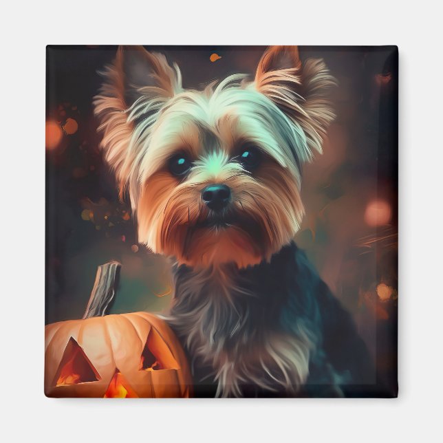 Íman Yorkshire Terrier de Halloween com Abóboras Assust (Frente)