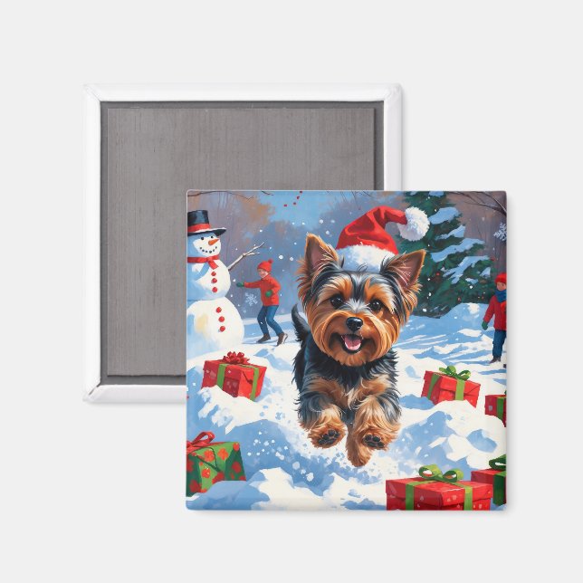 Íman Yorkshire Terrier em neve com chapéu de Natal (Front/Back)
