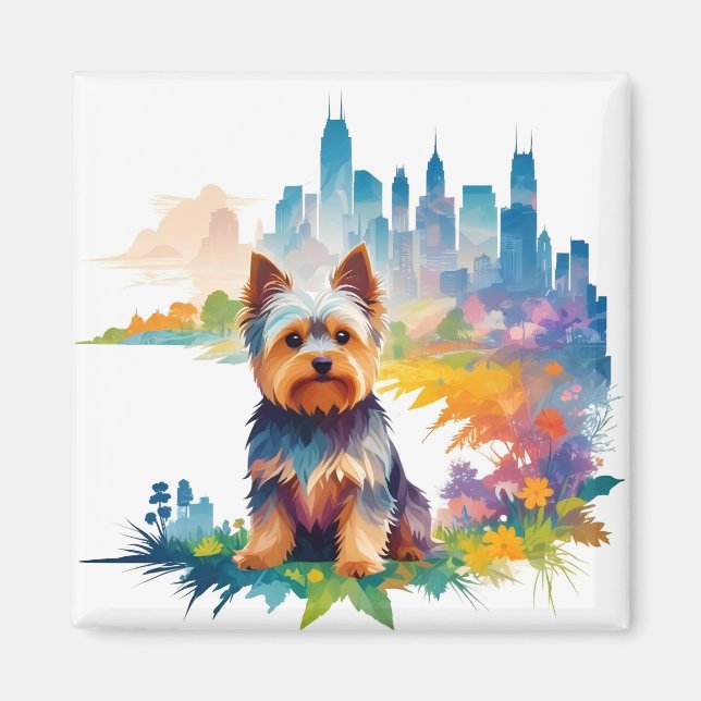 Íman Yorkshire Terrier Vintage Animal Nature Art (Frente)